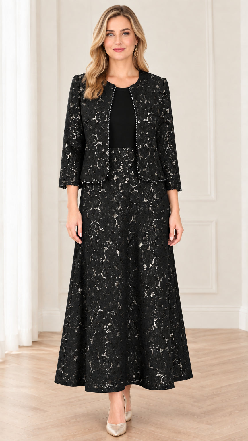 Front view of black floral lace two-piece maxi dress with beaded jacket