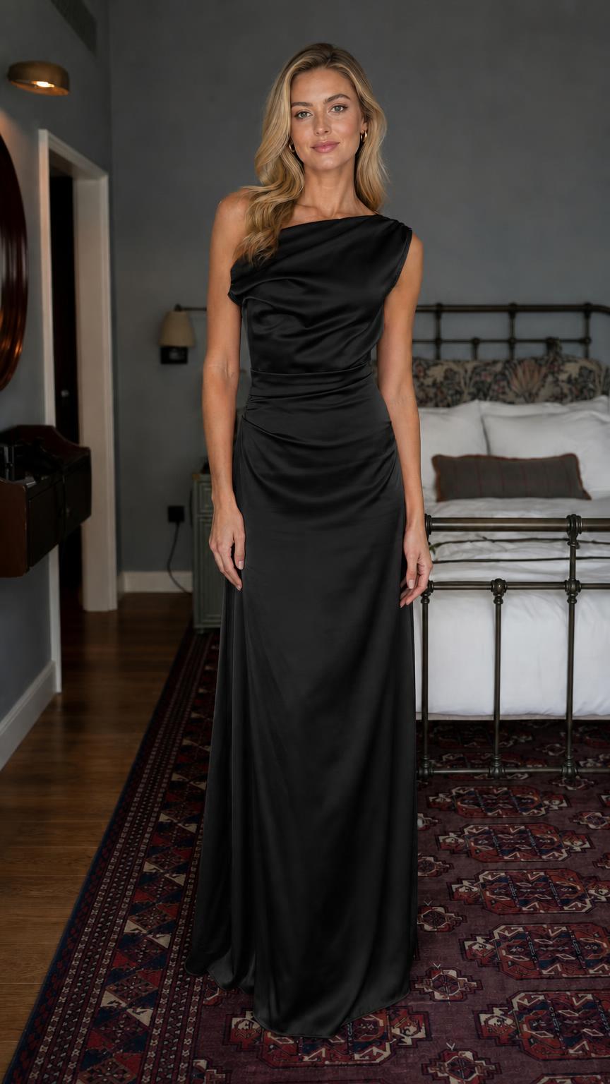 Model wearing black one-shoulder satin maxi dress