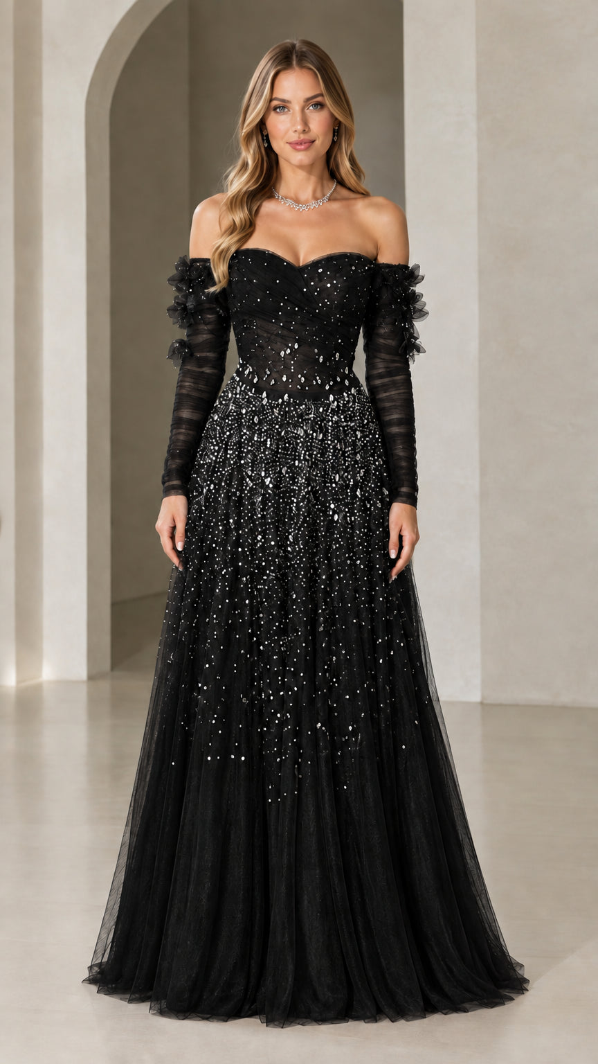 Black off-the-shoulder beaded tulle evening gown