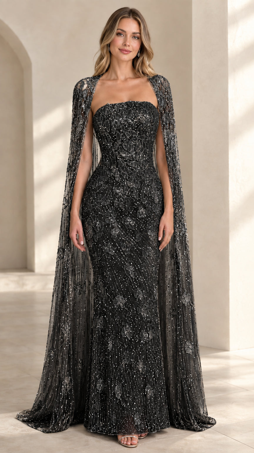Front view of black beaded strapless formal gown with sheer matching cape