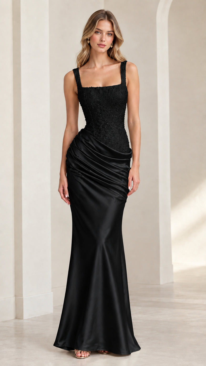 Model wearing elegant black square neck ruched satin formal evening gown