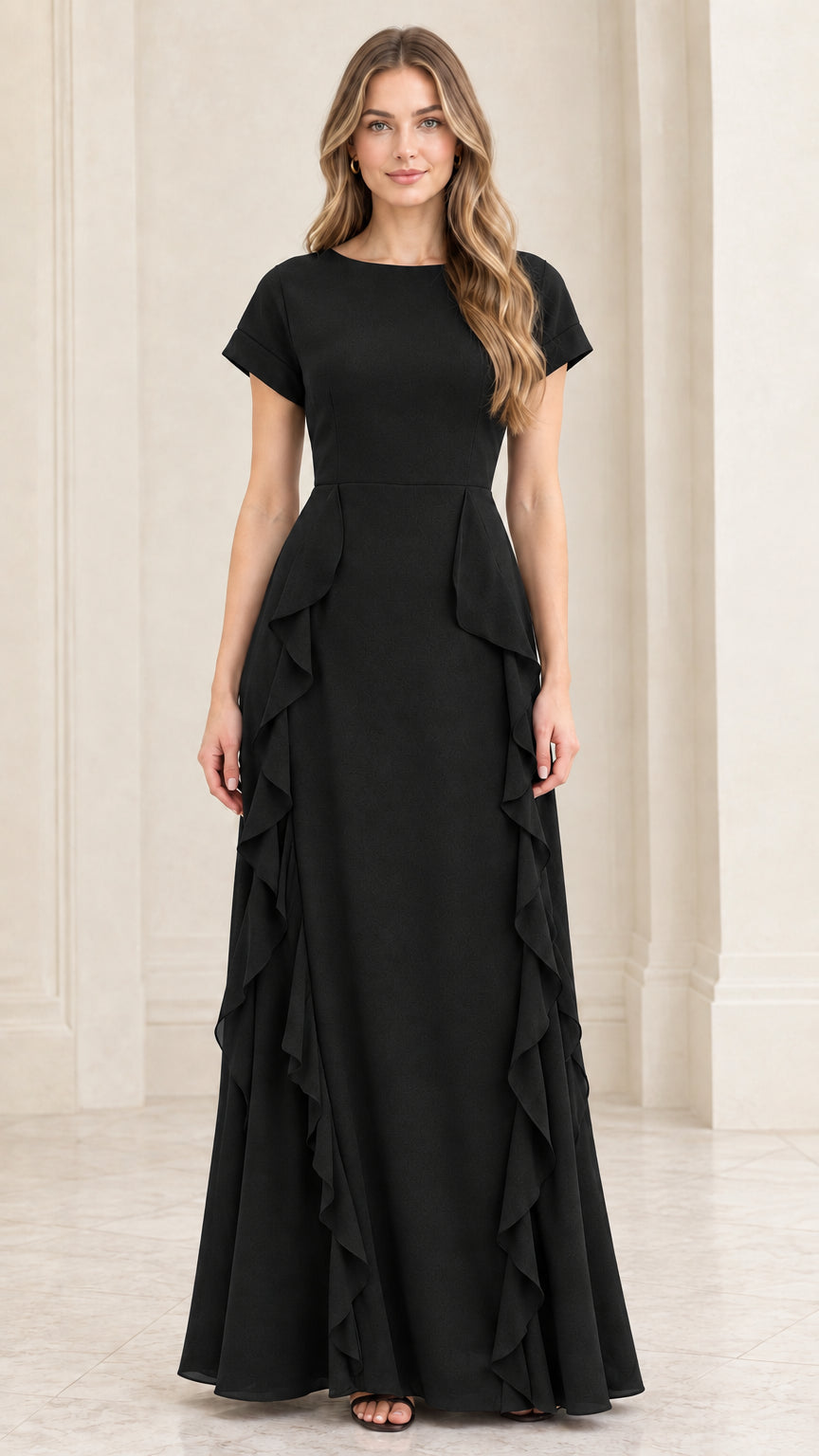 Front full view of black short sleeve cascade ruffle evening maxi dress