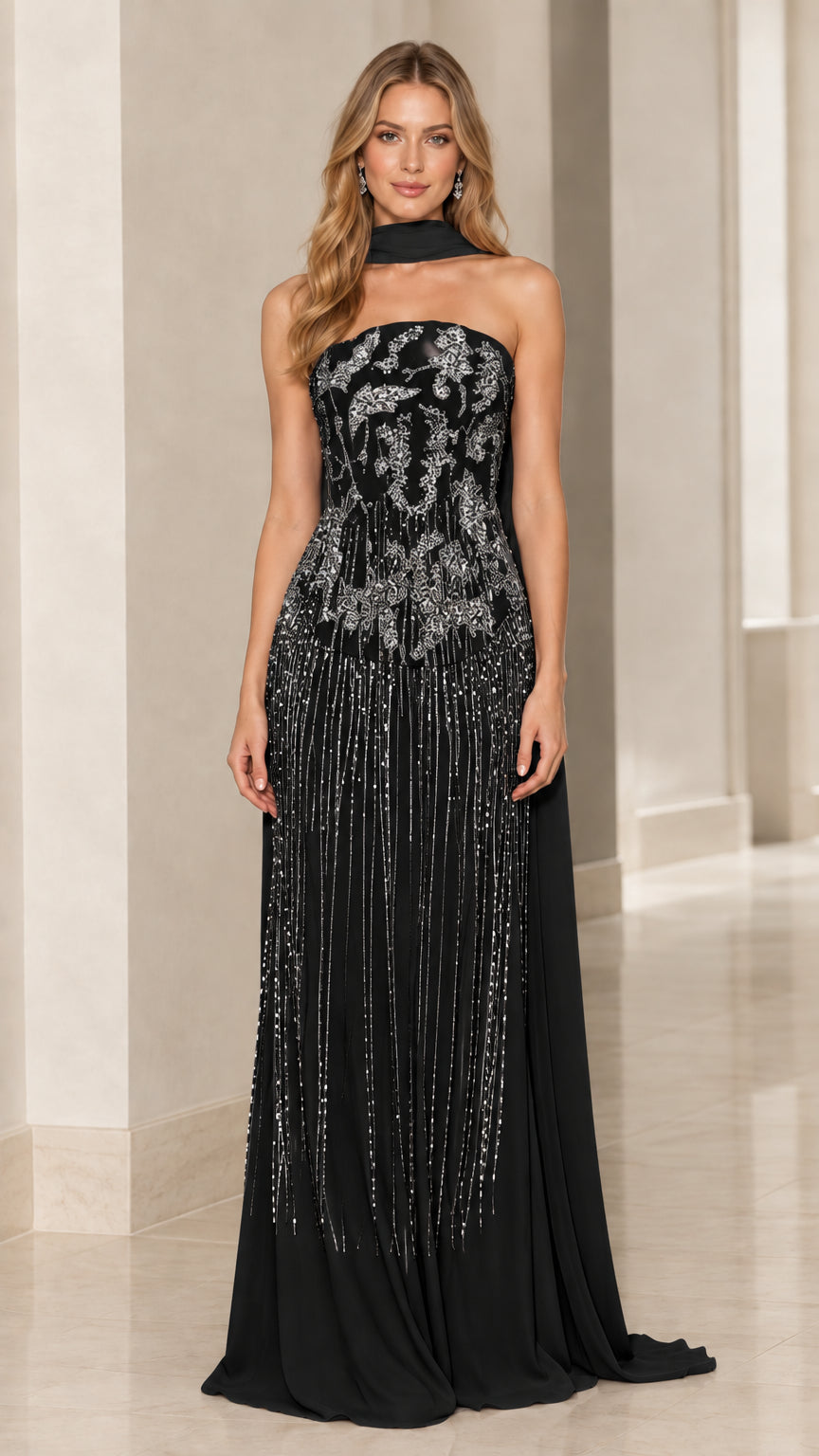 Model wearing black strapless beaded evening gown with matching neck scarf