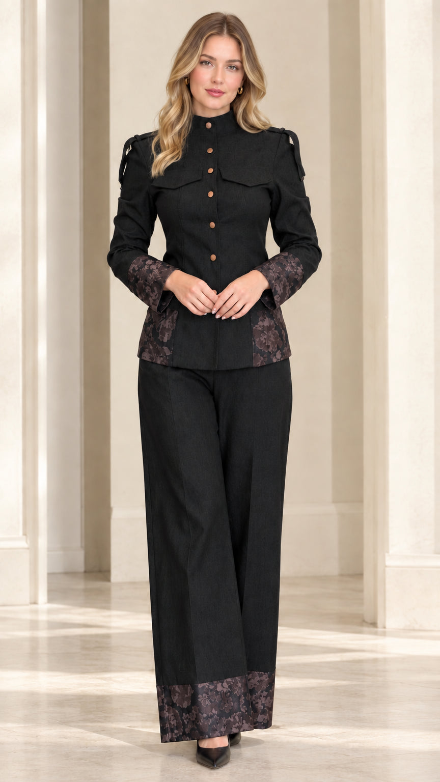 Full front view of black mandarin collar tailored jacket and wide-leg pantsuit set with floral jacquard trim