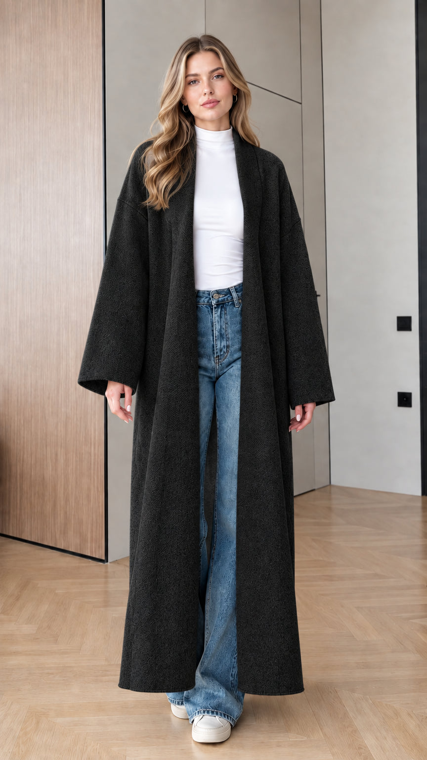 Model wearing Black open-front longline maxi coat