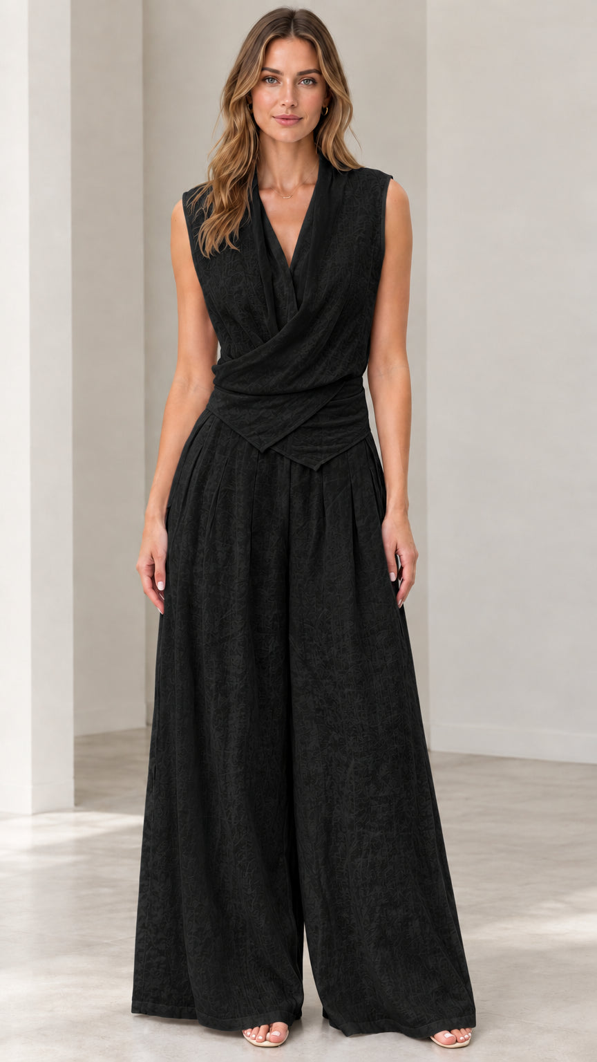 Front view of woman wearing black sleeveless draped V-neck wide-leg jumpsuit