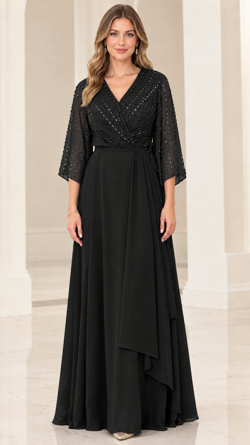 Black beaded V-neck chiffon maxi evening dress with 3/4 sleeves
