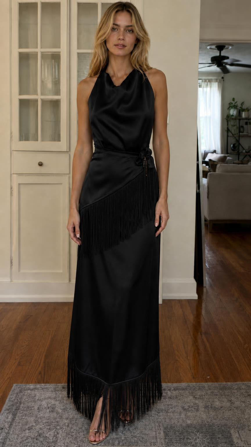 Front view of black satin halter maxi dress