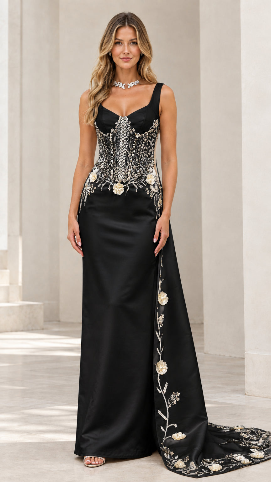 Full front view of black corset evening gown with silver floral embroidery and train