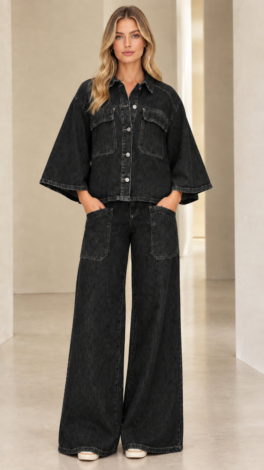 Full-length view of model wearing Washed Black denim matching two-piece set