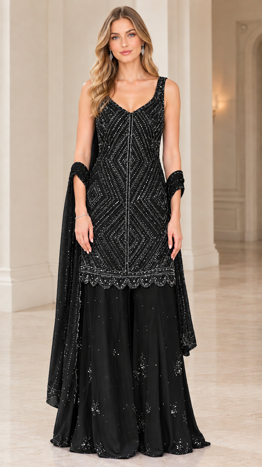 Model wearing Black embellished sleeveless kurti sharara suit set
