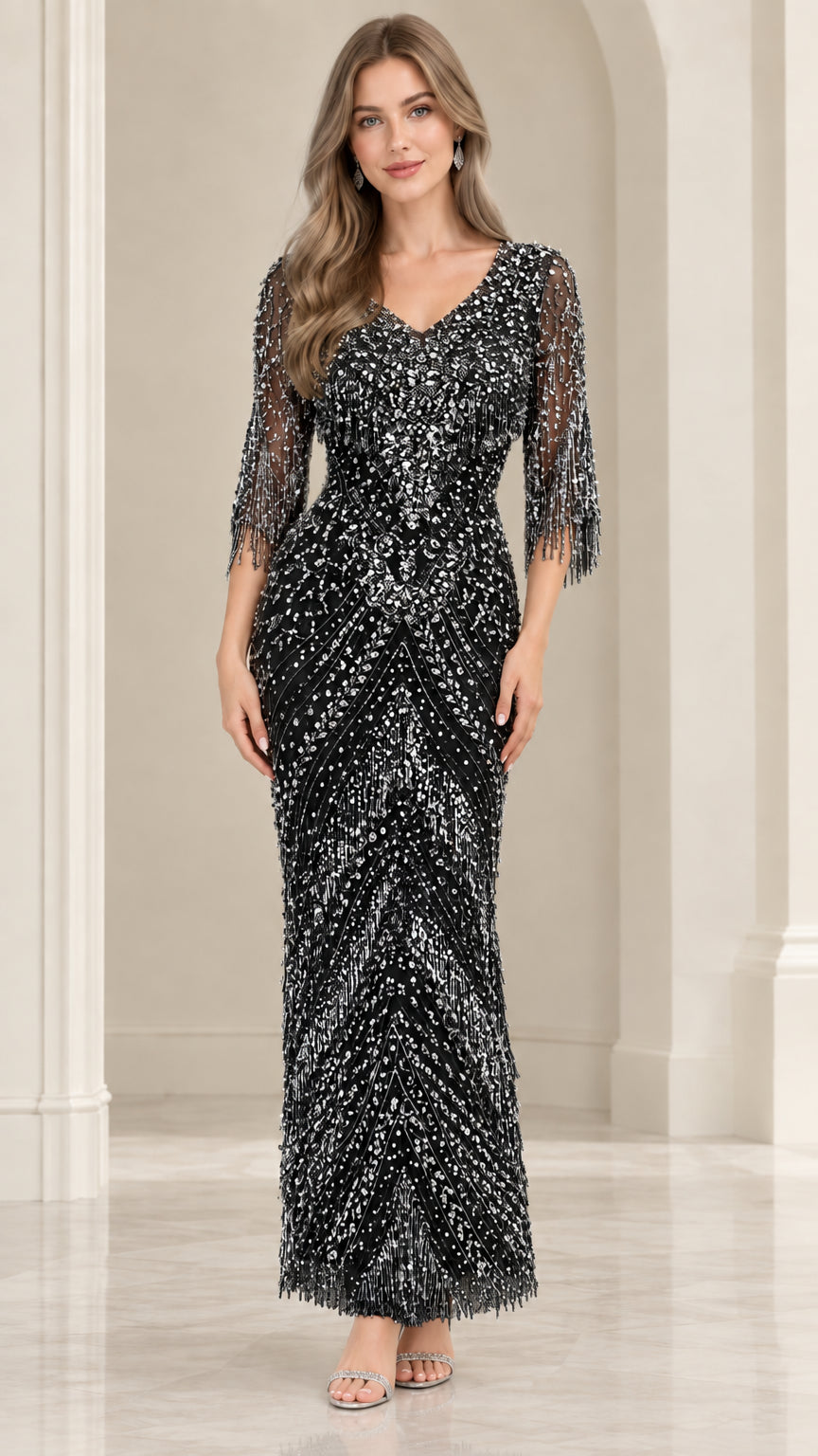 Front view of Black beaded fringe sleeve evening gown