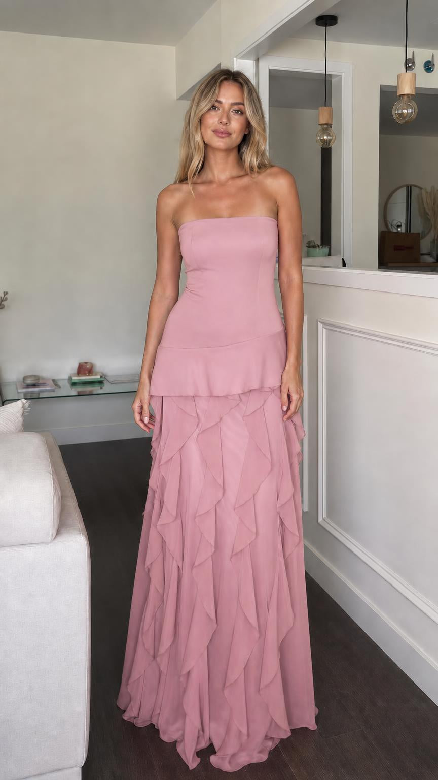 Front view of pink strapless ruffle tiered maxi dress