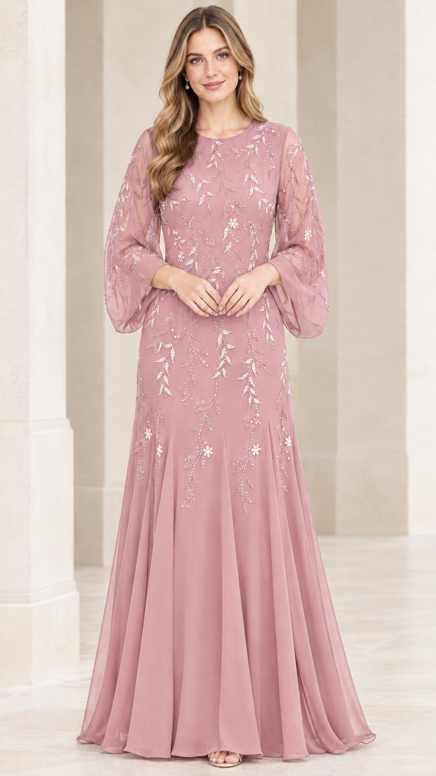 Front view of dusty rose pink sequined maxi formal dress with sheer sleeves