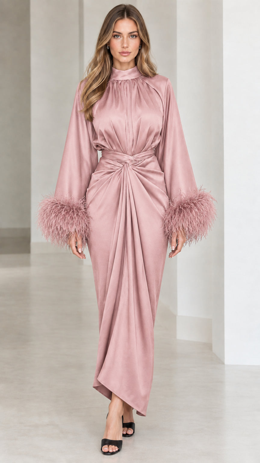 Dusty pink satin mock neck maxi dress with matching feather cuffs