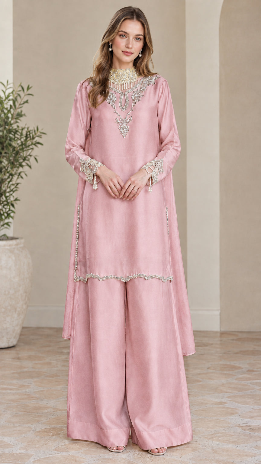 Front view of dusty pink satin embellished tunic and matching palazzo pants set