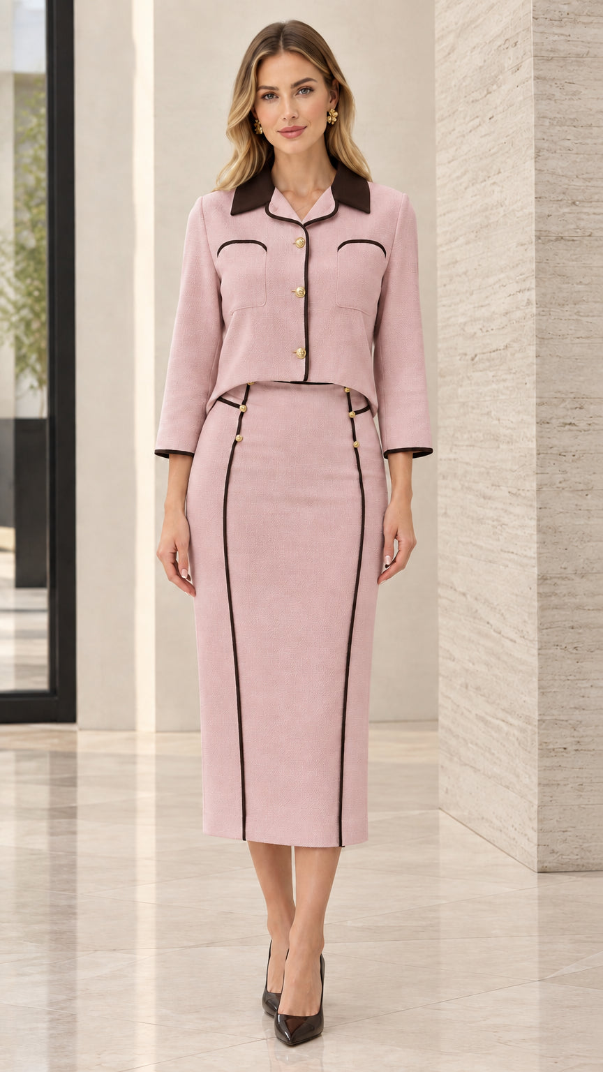 Front view of dusty pink two-piece skirt suit with dark contrast piping