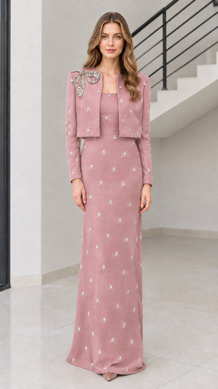 Dusty pink rhinestone embellished two-piece evening maxi dress and jacket set