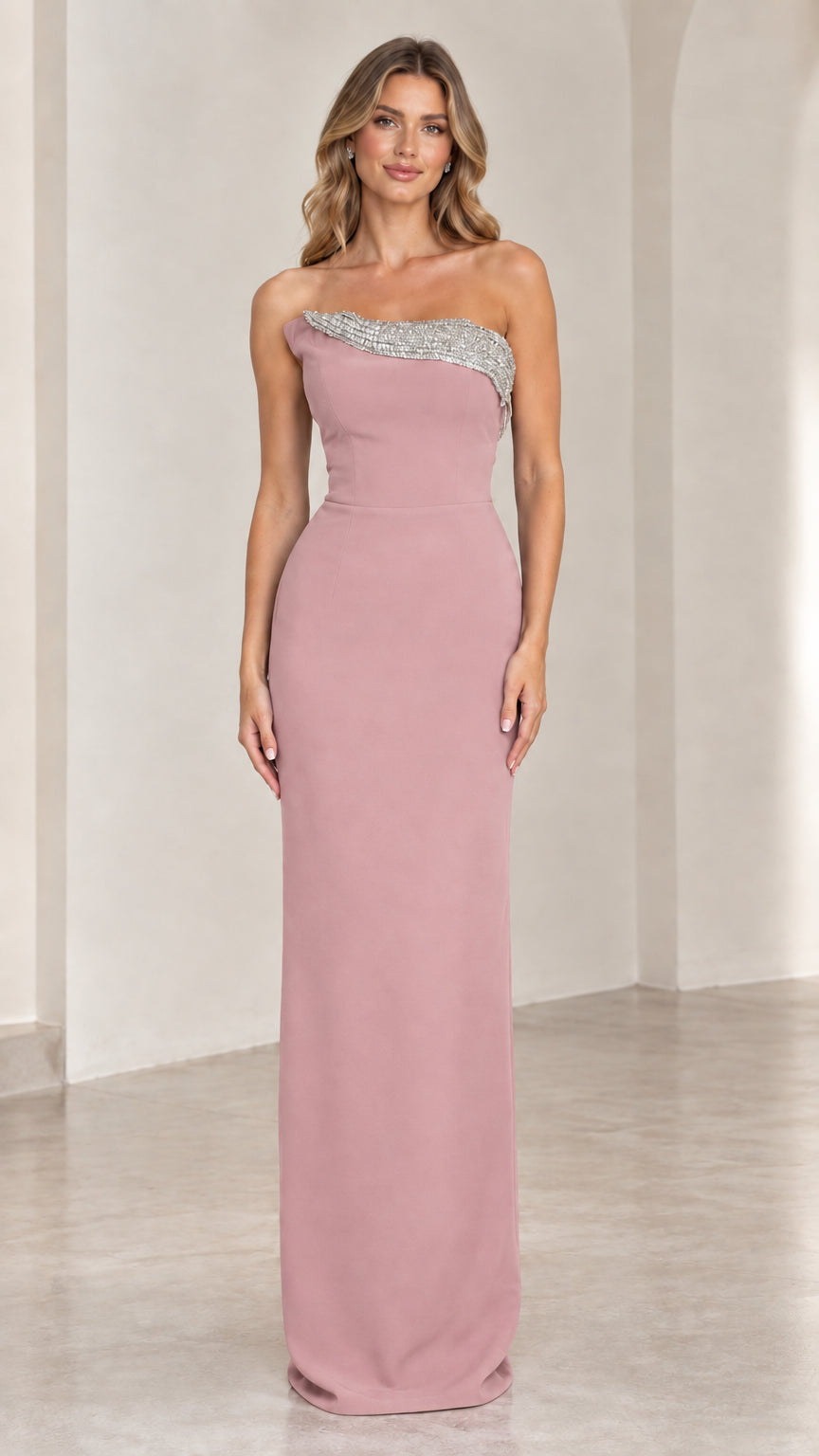Front view of dusty rose pink strapless rhinestone embellished evening gown