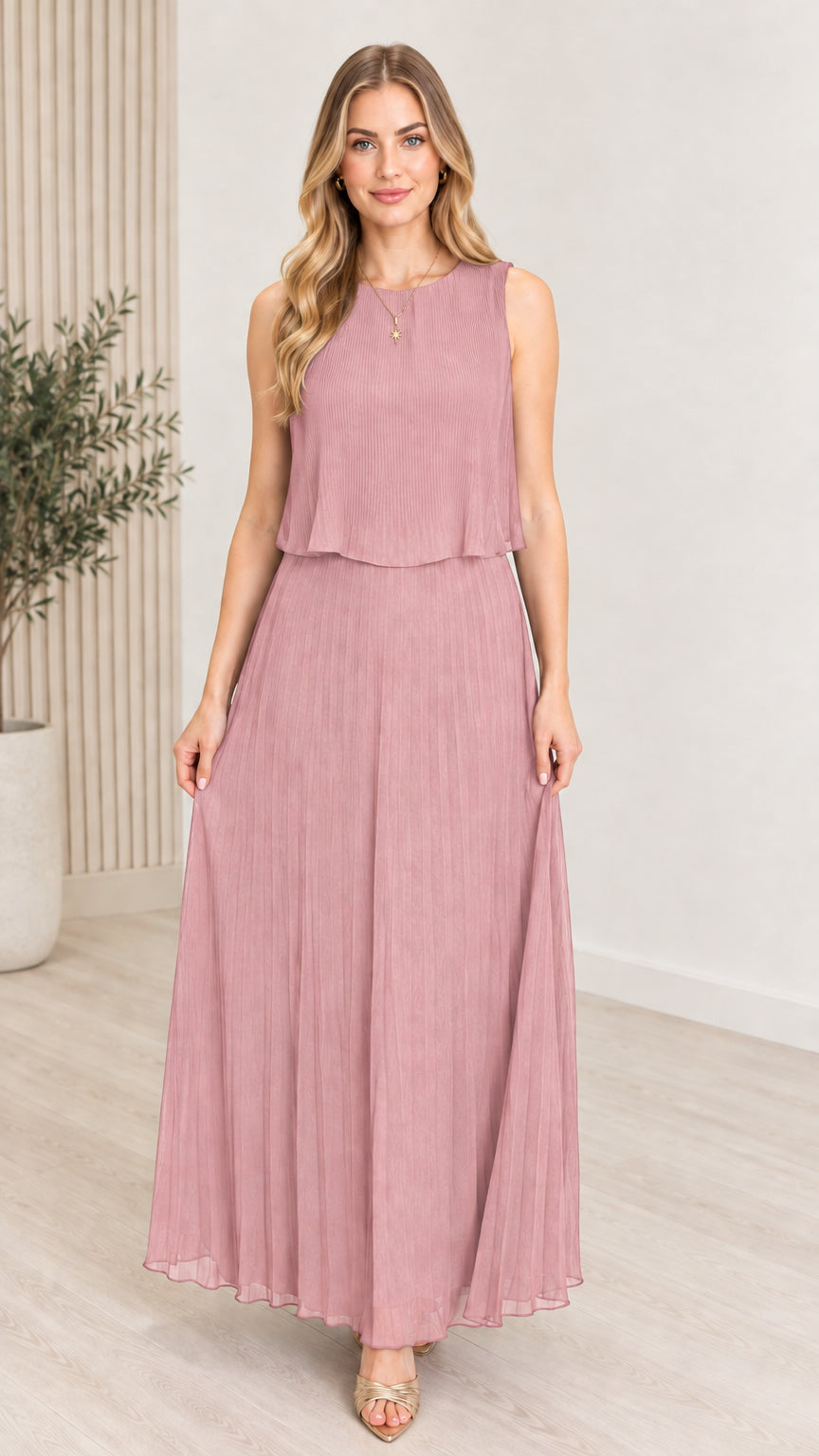 Front view of model wearing dusty rose sleeveless pleated popover maxi dress
