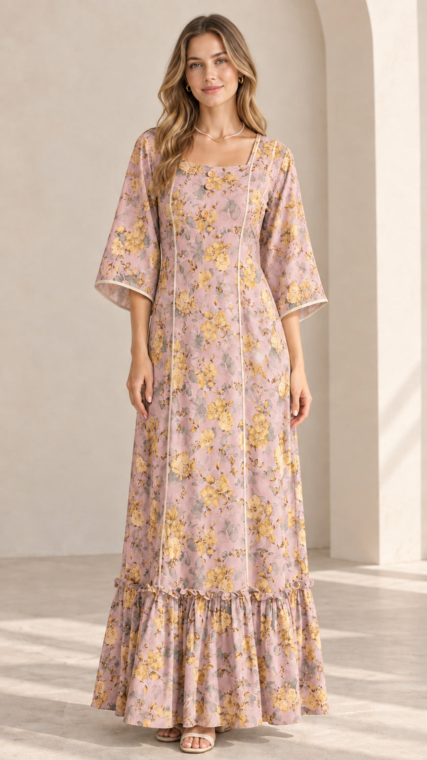 Model wearing Dusty Pink floral square neck maxi dress with tiered ruffle hem