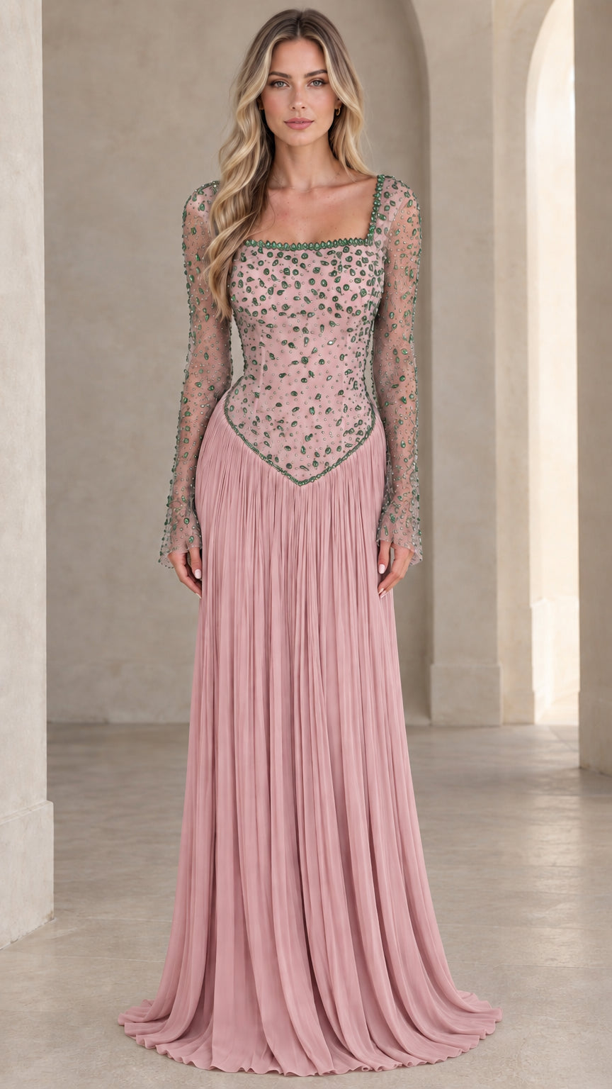 Front view of Dusty Rose beaded long-sleeve formal evening gown