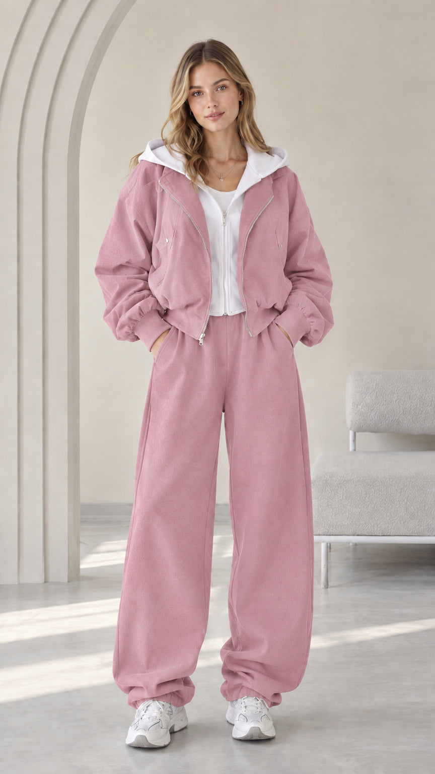 Front view of model wearing the Dusty Pink contrast hooded jacket and sweatpants set