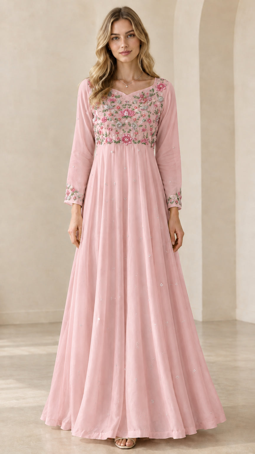 Blush pink floral embroidered long sleeve evening gown