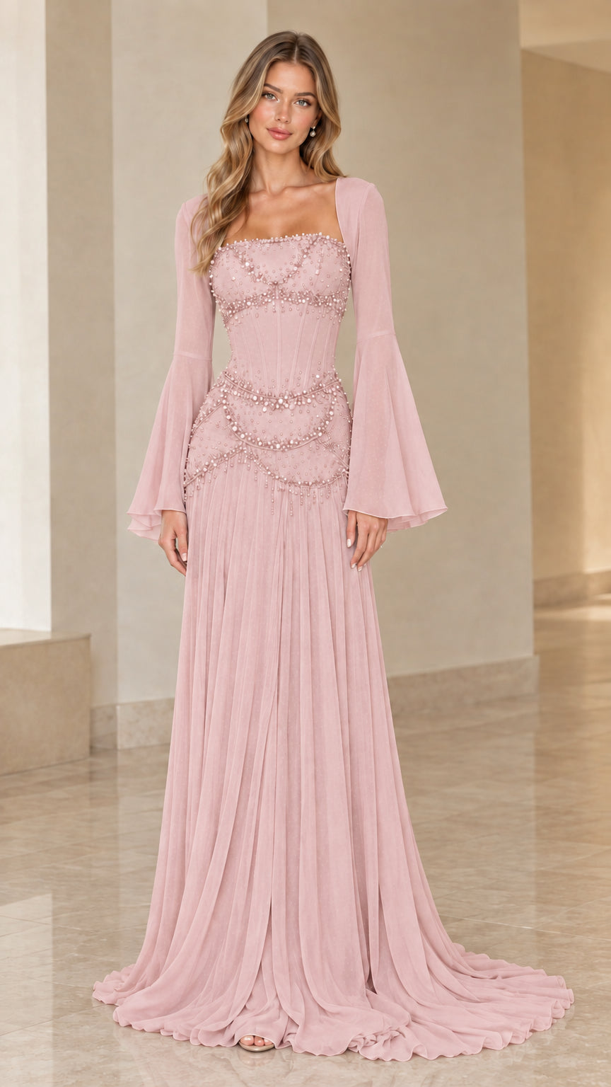 Blush pink pearl-embellished bell sleeve corset evening gown