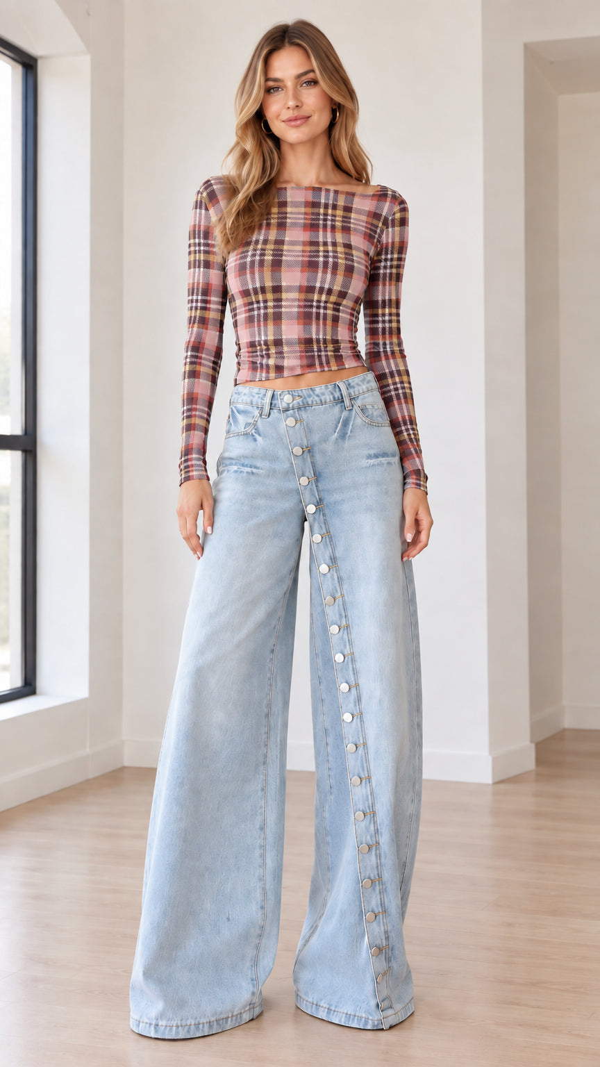 Model wearing Mauve Plaid long sleeve boatneck crop top