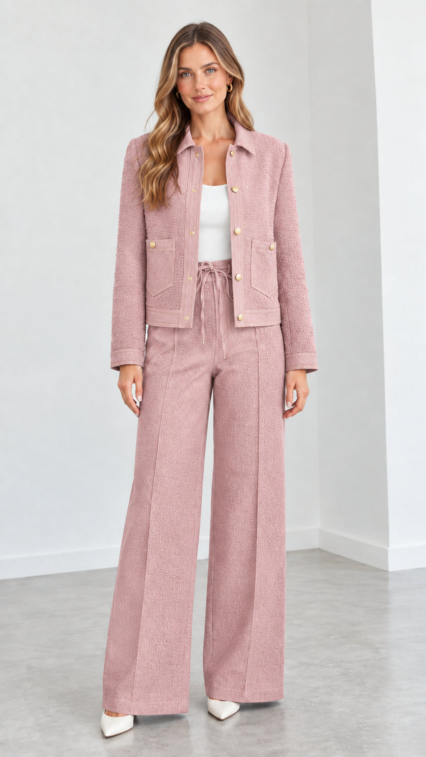 Women's dusty pink textured jacket and wide leg drawstring trousers set