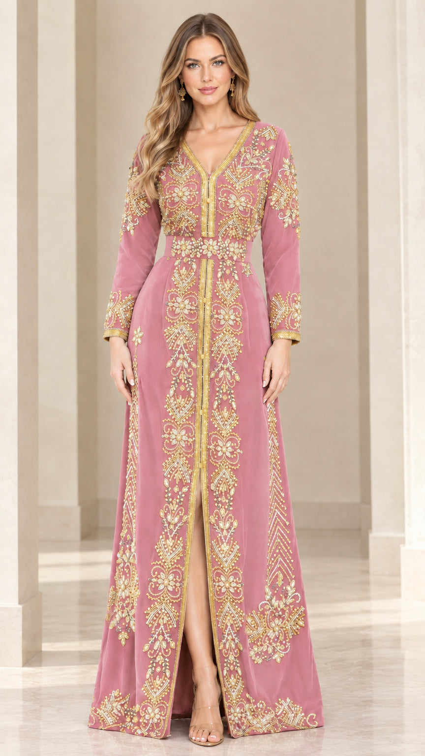 Dusty pink velvet kaftan dress with intricate gold embroidery and front slit