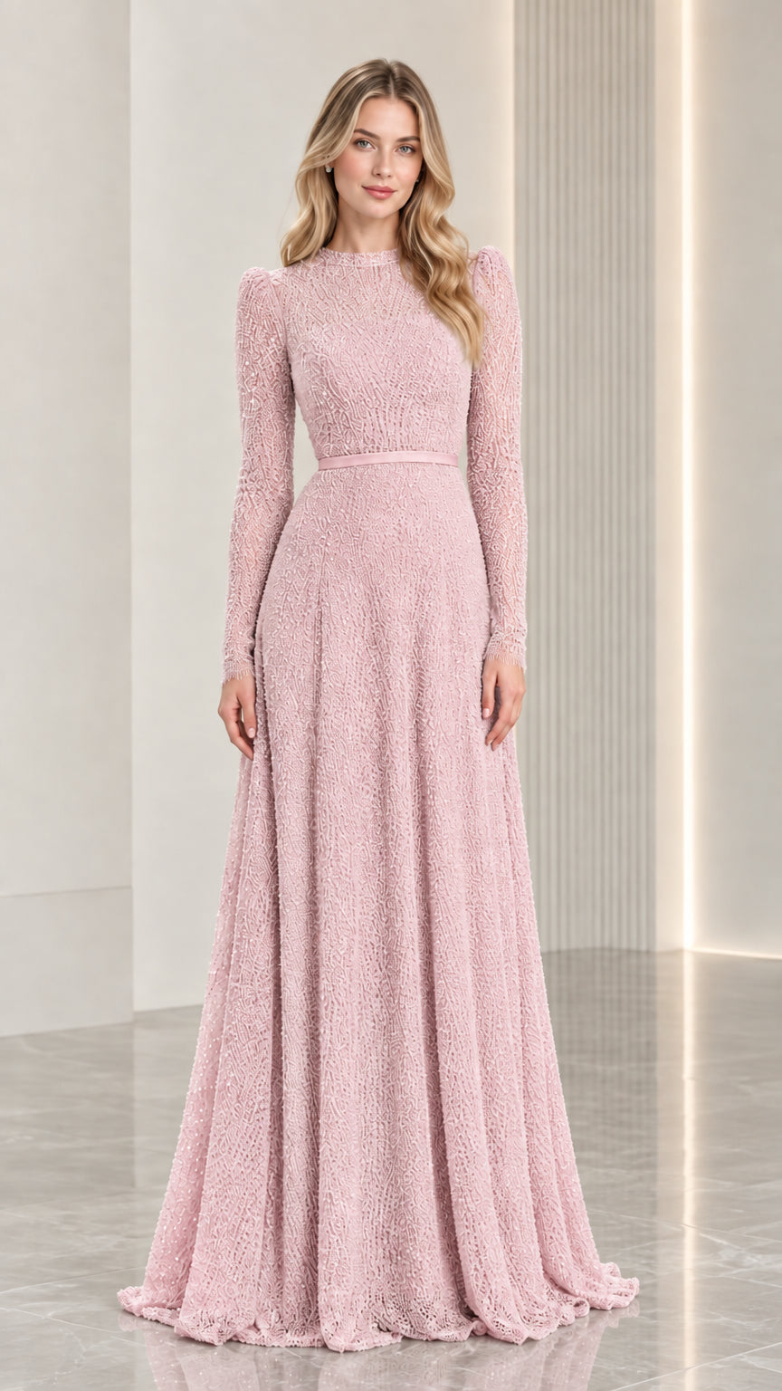 Full-length dusty rose long sleeve formal A-line maxi dress
