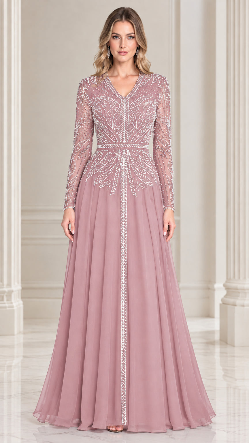 Dusty rose beaded long sleeve V-neck chiffon evening gown
