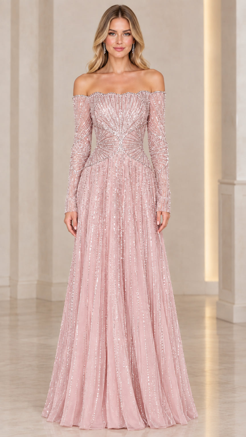 Full-length view of blush pink off-the-shoulder embellished formal gown