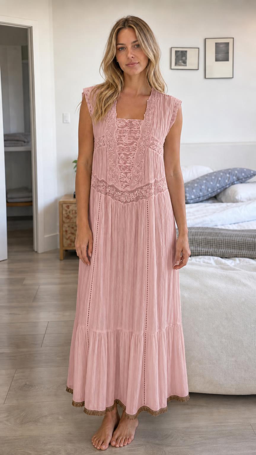 Front view of Pink Bohemian Lace Trim Pleated Maxi Dress