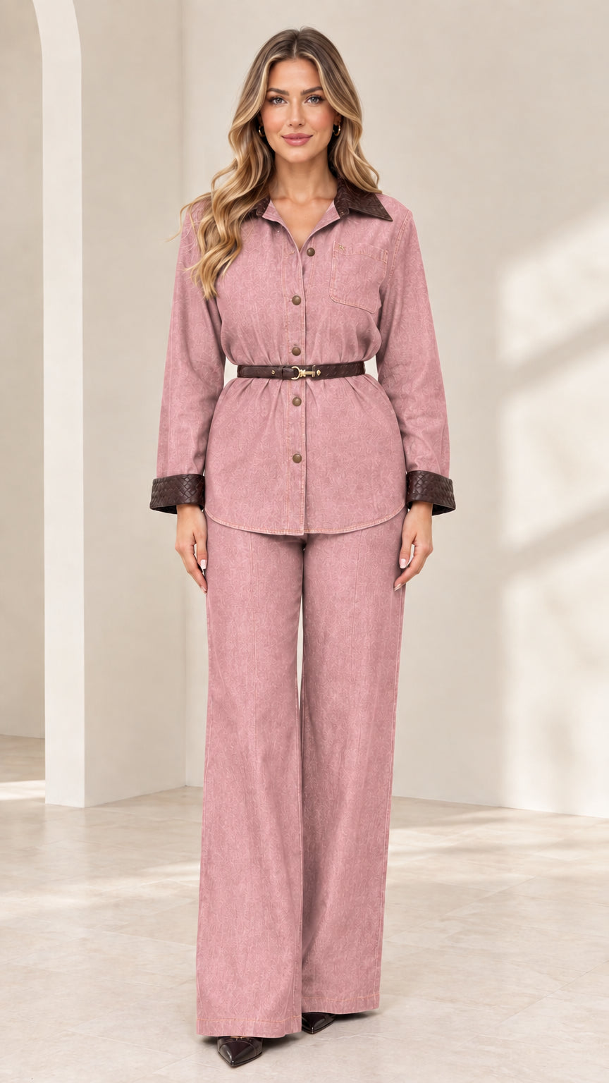 Front view of model wearing Dusty Pink two-piece belted pant set with dark contrast accents