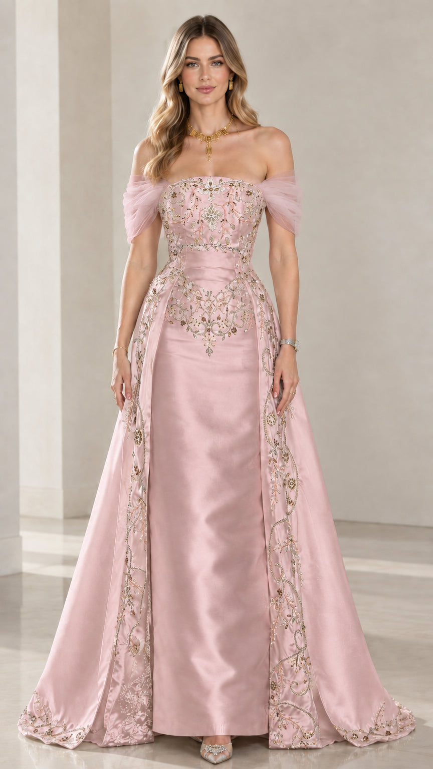 Front view of blush pink satin formal evening gown with delicate tulle shoulder swags