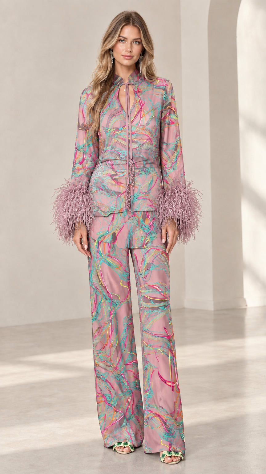 Full-length view of Dusty Pink feather cuff printed satin pant set