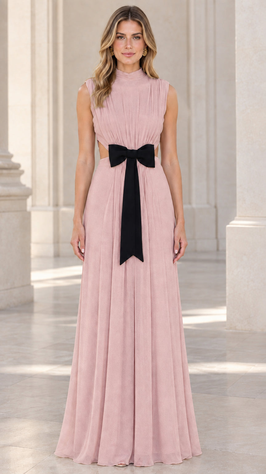 Front view of model wearing dusty rose pleated evening maxi dress with black bow