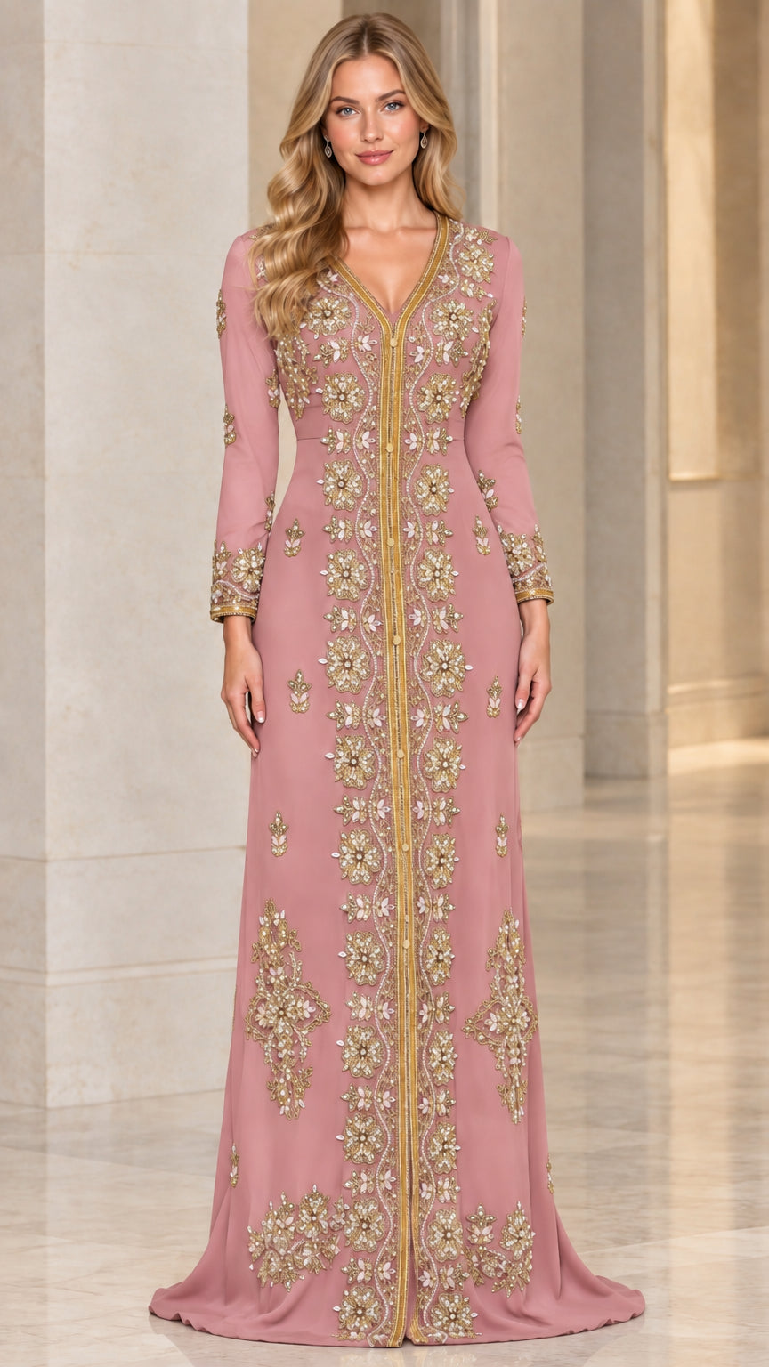 Dusty Pink long sleeve embroidered evening gown