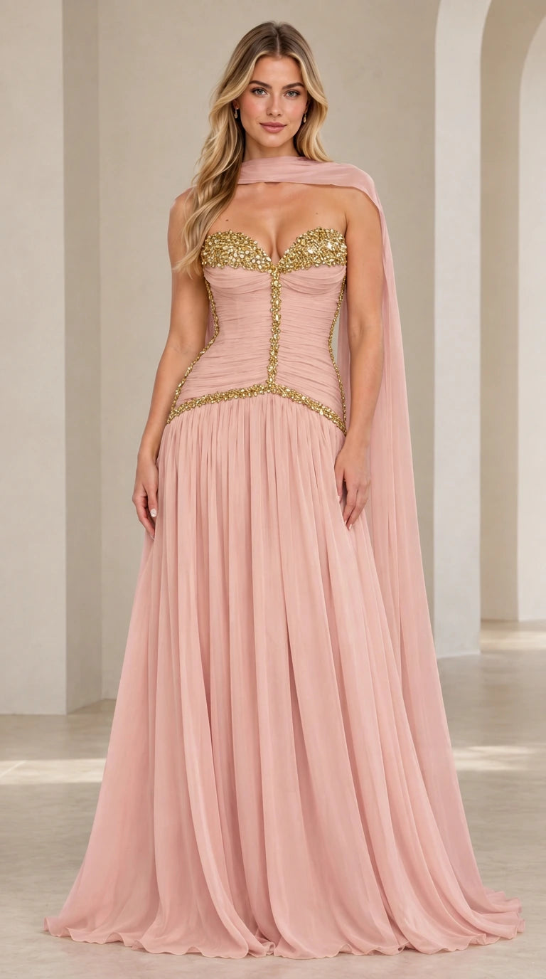 Model wearing dusty pink strapless embellished corset chiffon evening gown with matching neck scarf