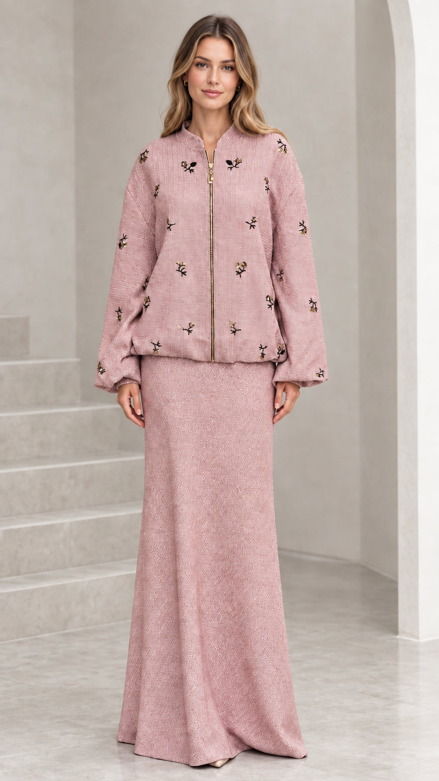 Full-length view of dusty pink beaded tweed jacket and maxi skirt set
