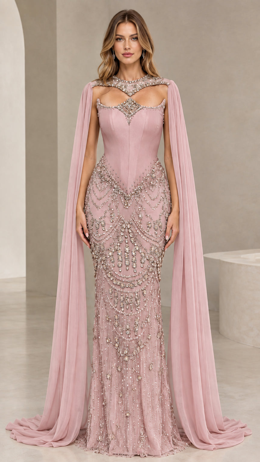 Dusty Pink beaded evening gown with corset bodice and sheer cape drapes