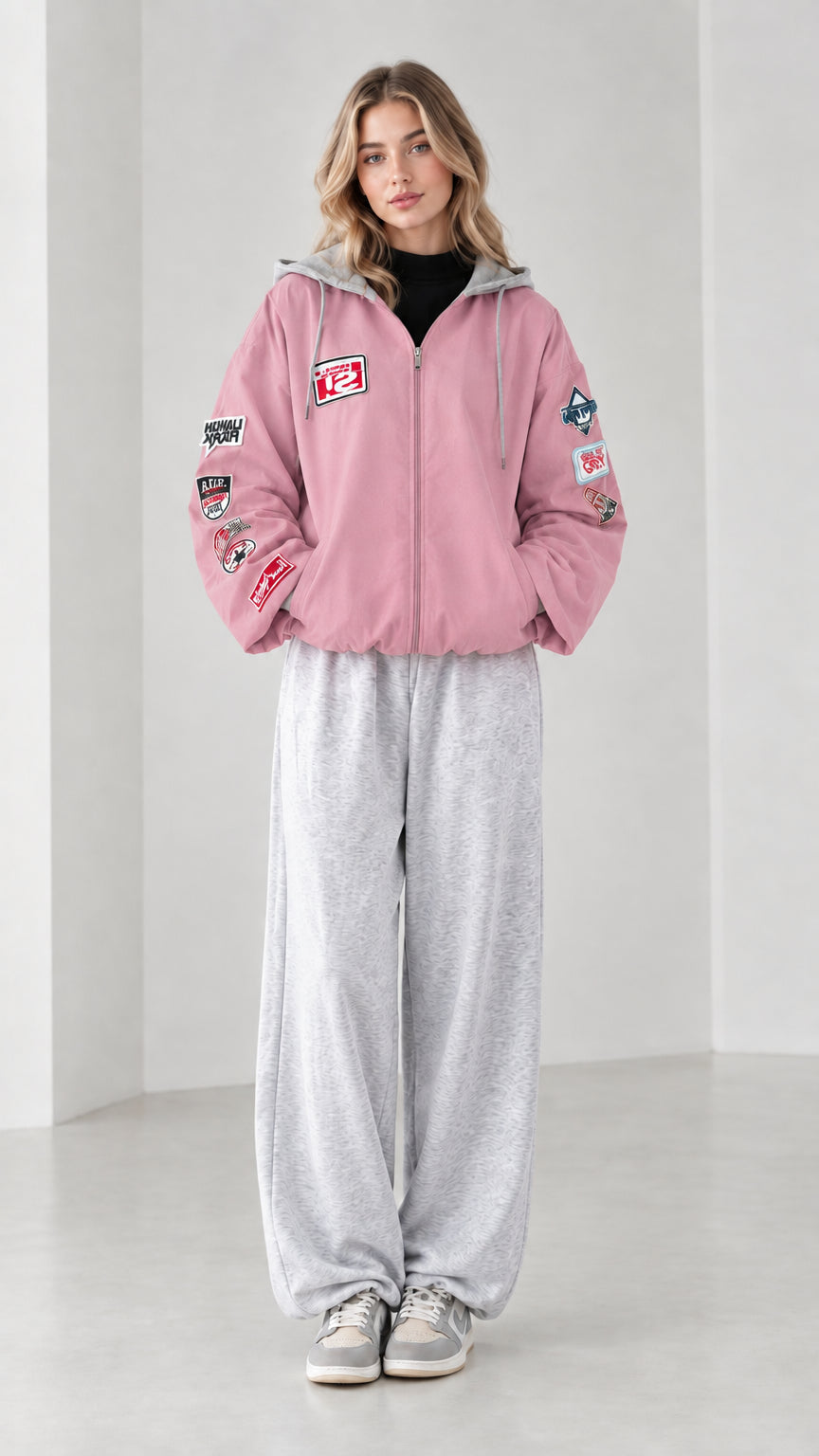Front full view of pink zip-up hooded bomber jacket with sleeve patches