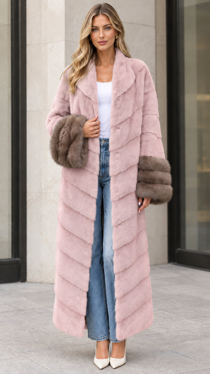 Front view of dusty pink chevron maxi faux fur coat with brown plush cuffs