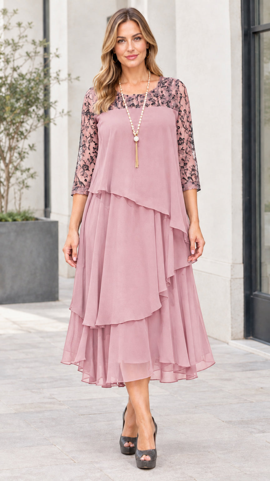Dusty rose tiered chiffon midi dress with lace yoke and 3/4 sleeves
