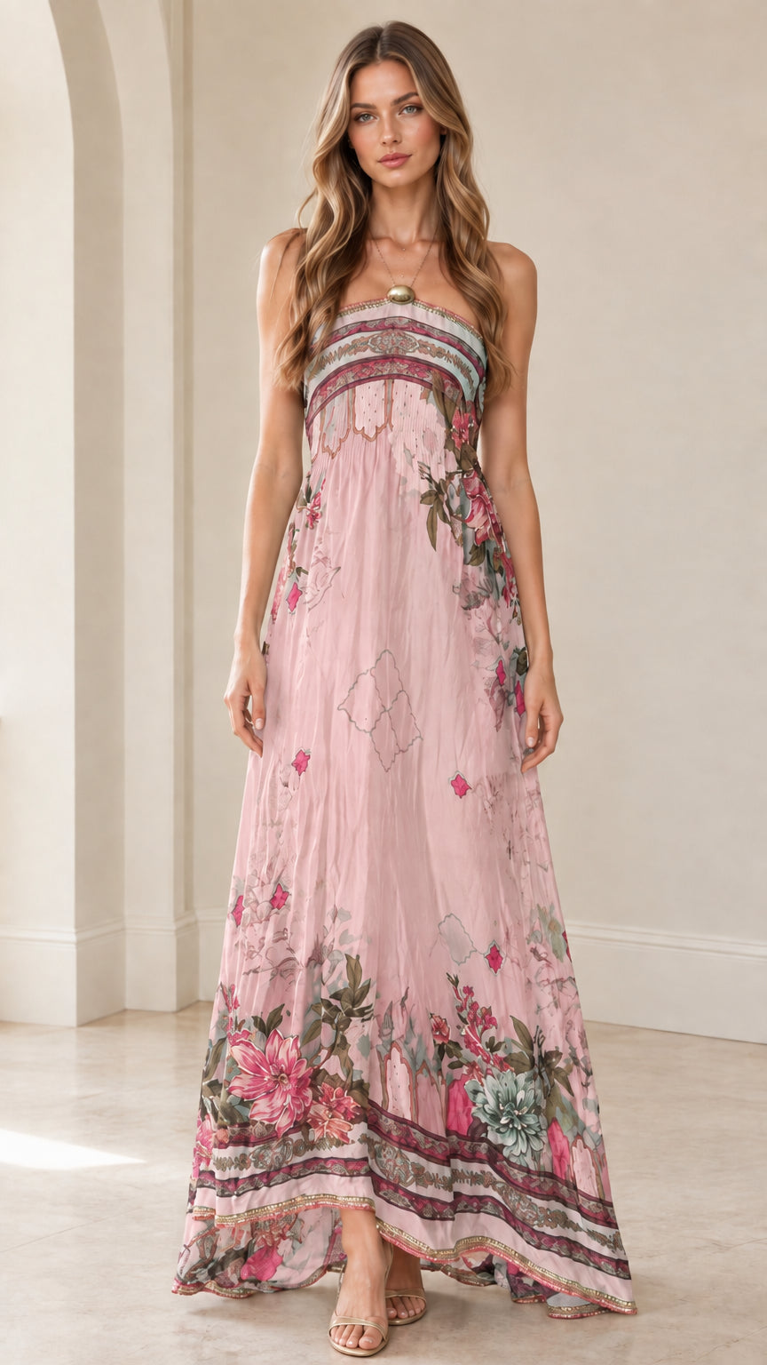 Front view of woman wearing blush pink strapless floral border maxi dress