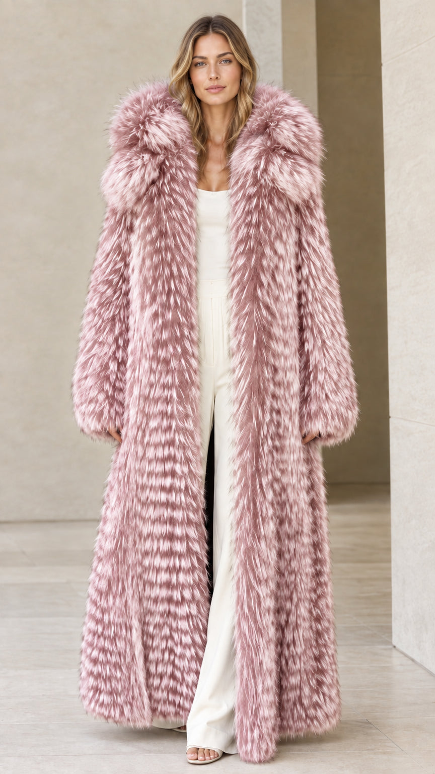 Front view of woman wearing dusty pink full-length hooded faux fur coat