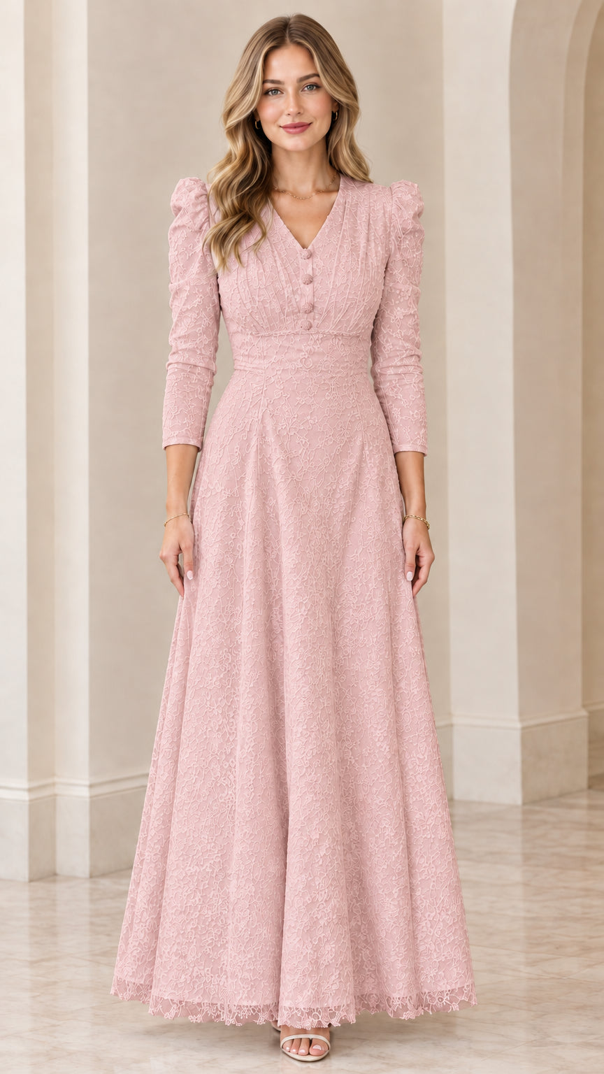 Full-length front view of woman wearing dusty pink lace evening dress